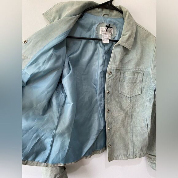 Authentic vintage genuine suede leather light blue green teal jacket coat - Picture 7 of 10